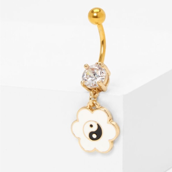 🐘🐘 14k Gold Embellished Yin Yang Daisy Dangle Belly Ring - Picture 2 of 2